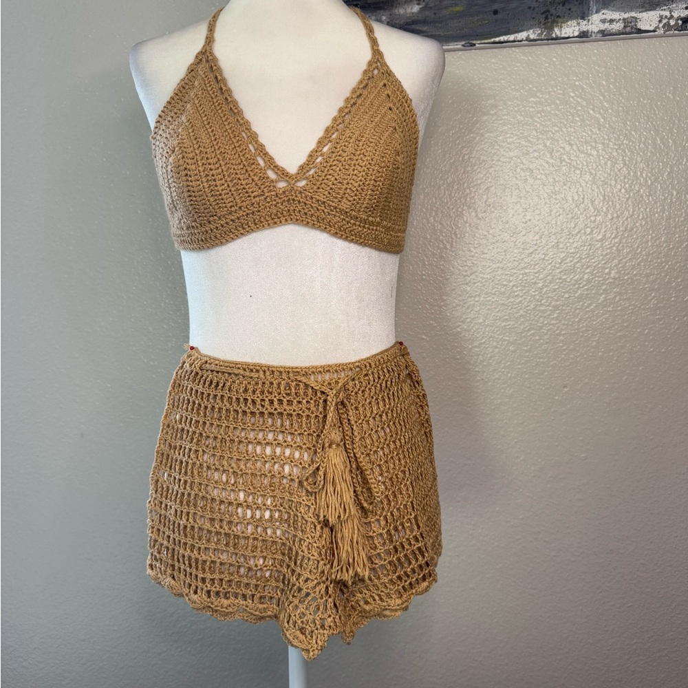Crochet Halter Top and Skirt Set in Tan